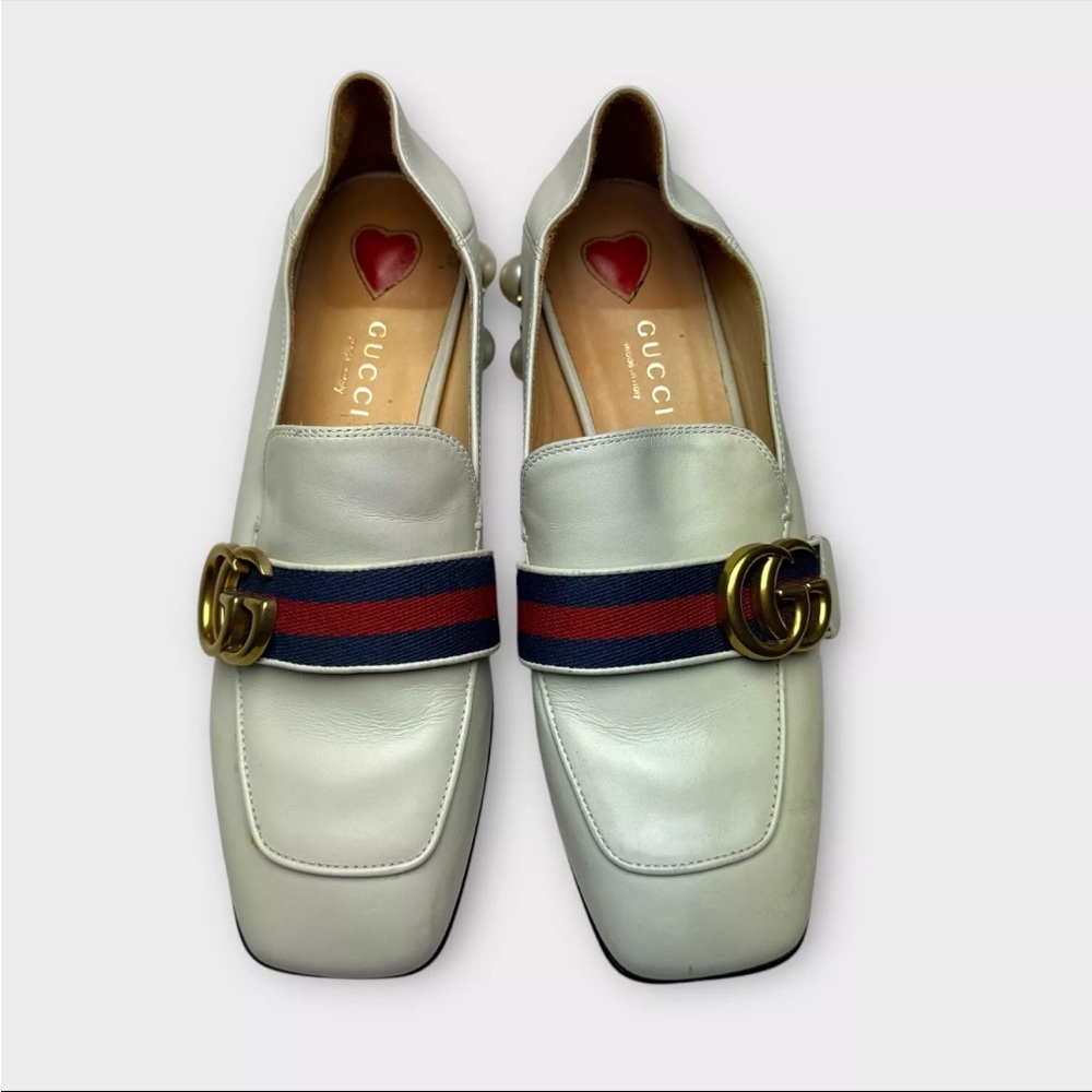 Gucci Ivory Leather Pearl Heel GG Marmont Loafers Shoes Women 36 US Size 6 - Picture 3 of 16